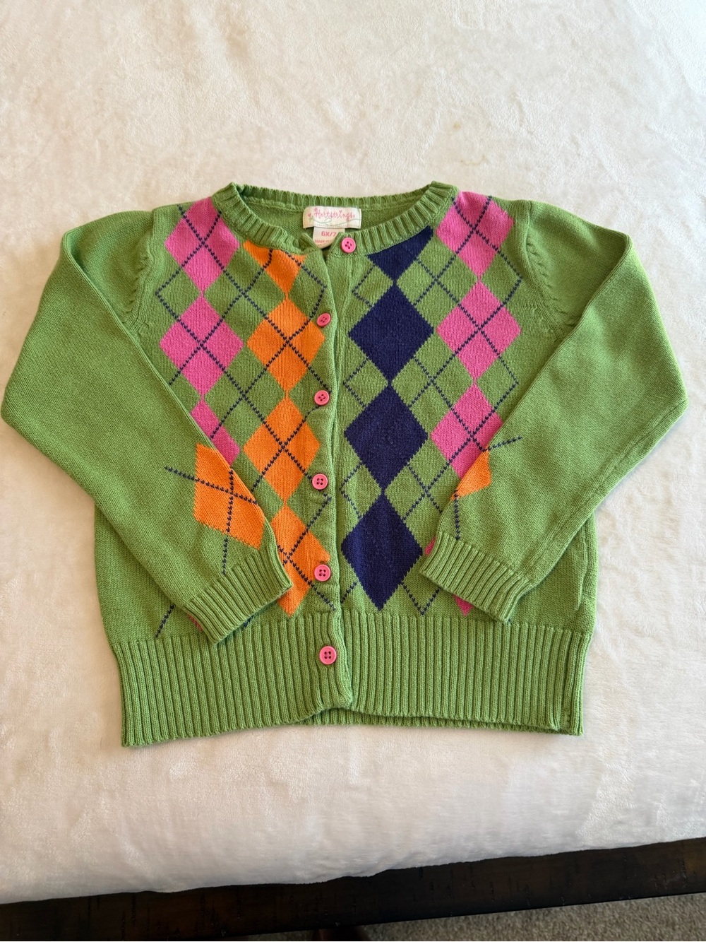 Hartstrings Green Argyle Cardigan with Pink Buttons